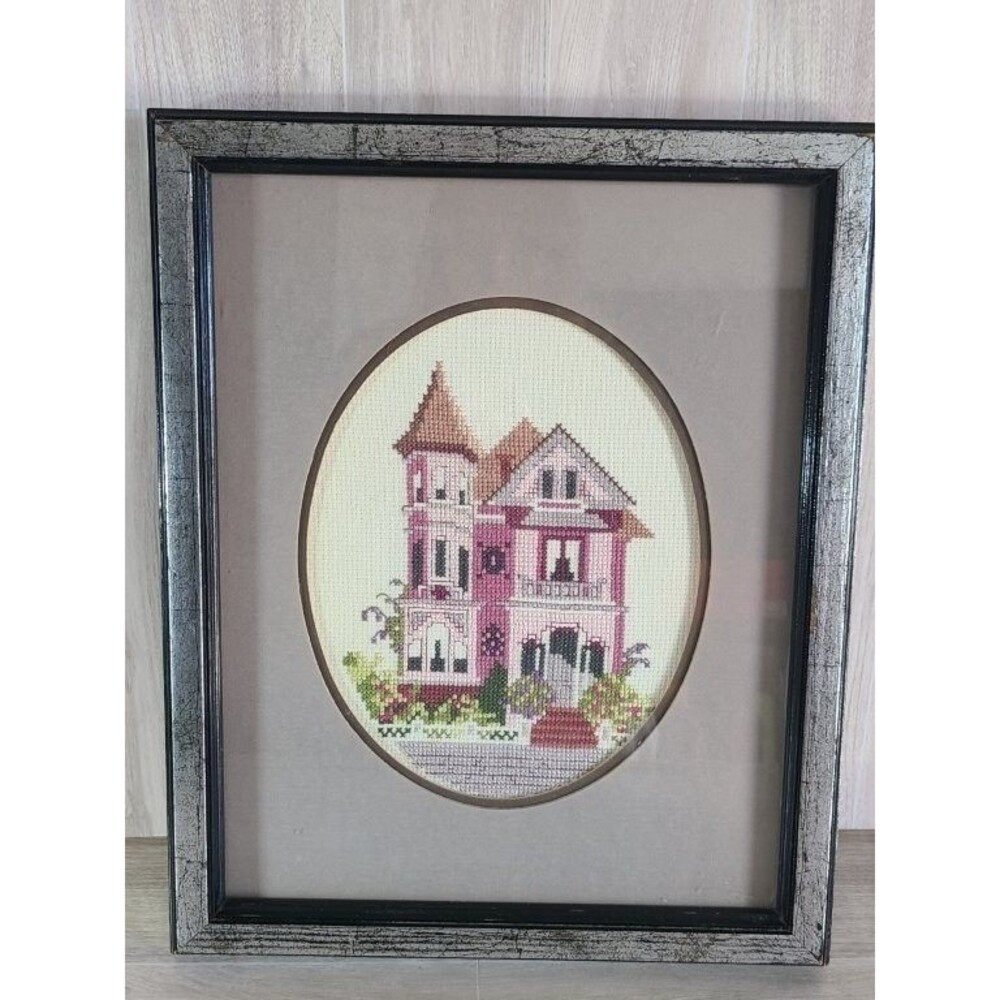 Framed Judith Kirby Queen Anne Victorian House Cross Stitch Needlework Art